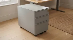 Secure locking steel office pedestal drawers in charcoal grey finish with stationary tray