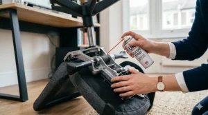 Applying silicone spray to the pivot points of an office chair tilt mechanism.