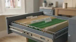 A close-up view of a sturdy metal drawer runner on a vertical filing cabinet, showing the precision ball-bearing slide mechanism for smooth operation.