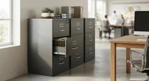 Durable metal filing cabinets perfect for keeping essential documents secure in a busy office environment.