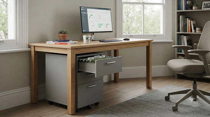 A stylish, compact mobile filing cabinet with smooth-gliding castors tucked neatly under a desk in a modern UK home office setup. mobile filing cabinet