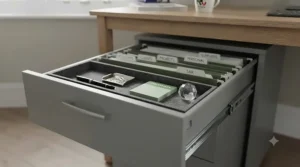 A mobile filing cabinet unit featuring a top drawer with a built-in stationery tray for quick access to desk essentials.