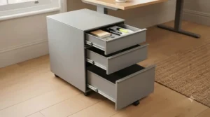 Mobile office pedestal drawers with castor wheels tucked under a minimalist workstation