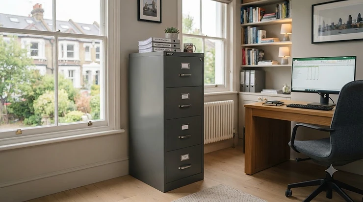 A matte grey metal four-drawer filing cabinet placed beside an oak desk in a contemporary British home office, featuring a radiator and London skyline art in the background. metal filing cabinet