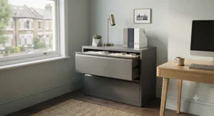 Contemporary office furniture including a sleek, modern filing cabinet that complements a minimalist aesthetic.