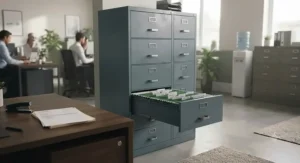 Alt text for image 5: A tall, multi-drawer steel foolscap filing cabinet providing ample archive storage in a busy corporate accounts office.