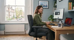 Modern grey office chair in a minimalist home study for a productive, clean workspace.