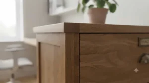 An extreme close-up photograph focusing on the corner of the solid oak filing cabinet drawer. The image highlights the precise, interlocking dovetail joinery between the drawer front and side panel. The rich, warm grain of the oak wood and the smooth lacquer finish are clearly visible, alongside a portion of the aged brass cup handle.