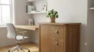 A detailed view of the four-drawer solid oak filing cabinet from image_2.png, positioned next to a floating oak desk. The cabinet top holds the same terracotta-potted Pilea plant. The drawers feature the distinctive aged brass cup handles and label holders. The background shows the desk, an ergonomic chair, and white shelving.