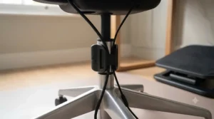 Cable management clips attached to a chair base to keep workspace wires tidy.