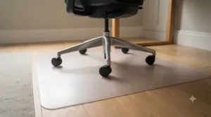 Transparent floor protection mat under an office chair on a carpeted floor.