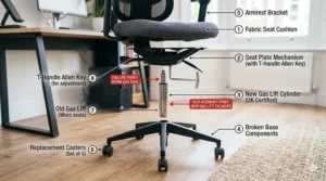 Exploded view diagram showing how to replace a faulty office chair gas lift cylinder.