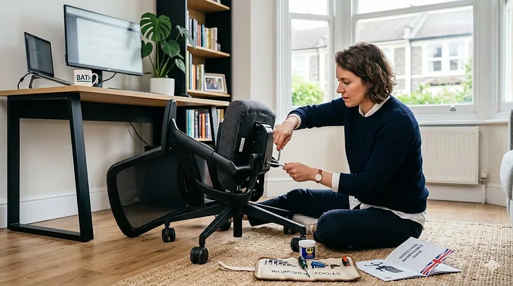 A person performing maintenance on an ergonomic office chair in a home office setting. office chair repair guide