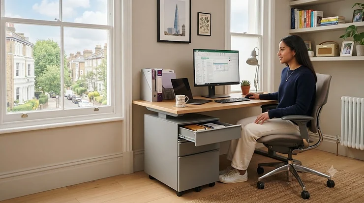Sleek white office pedestal drawers placed neatly under a modern oak desk in a bright London home office office pedestal drawers
