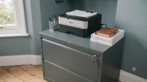 Practical workspace layout featuring a secure lockable filing cabinet with a printer stationed on top.