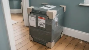 Fully assembled steel lockable filing cabinet ready for immediate placement in a workplace.