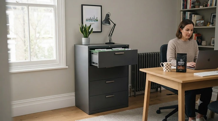 A high-quality lateral filing cabinet with a matte finish, positioned in a modern British home office, showing wide drawers organised with suspension files for efficient document storage. lateral filing cabinet