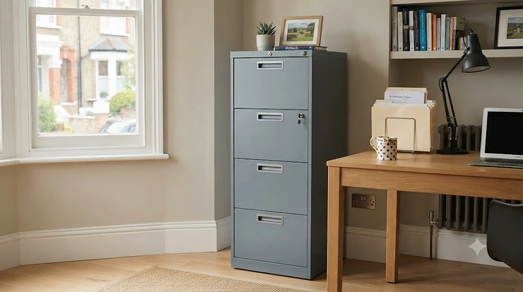 A high-quality four-drawer vertical filing cabinet in a modern home office setting, featuring a sleek grey powder-coated steel finish and smooth-glide suspension rails. vertical filing cabinet