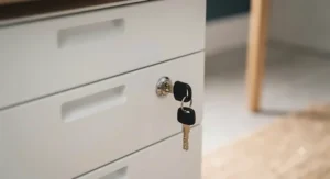 Detail view of the central locking mechanism on a metal fixed pedestal drawer unit with two keys.