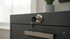 A detail shot focusing on the high-security locking mechanism of a lateral filing cabinet, showing the key safely stored in the lock.