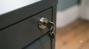 Close-up of a secure barrel lock and keys on a heavy-duty lockable filing cabinet drawer.