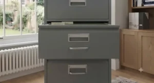 A space-saving 4-drawer filing cabinet positioned beside a desk in a compact home office.