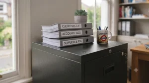 A slimline black metal filing cabinet standing next to a sash window in a modern home study.