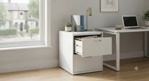 A compact, small filing cabinet ideal for managing paperwork in a limited home office space.