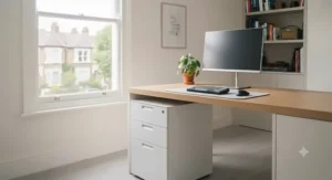 Space-saving fixed pedestal drawers fitted neatly beneath a minimalist wooden desk in a UK home study.