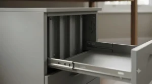 A side profile view showing the robust, powder-coated steel construction of a professional-grade mobile filing cabinet.