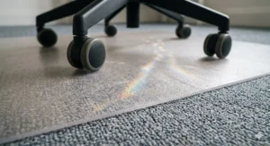 Under-side view of a sustainable office chair mat with spiked grippers designed to protect low-pile carpets from heavy wear.