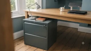 Compact under-desk lockable filing cabinet providing space-saving document security for a home study.