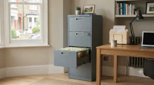 A classic vertical filing cabinet providing efficient document storage in a tidy study, with the top drawer partially open revealing hanging file folders.