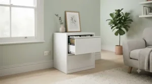 A minimalist white A4 filing cabinet blending into a brightly lit contemporary living room interior.