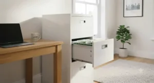Alt text for image 6: A stylish white gloss finish foolscap filing cabinet blending seamlessly into a bright, minimalist minimalist living space home office.