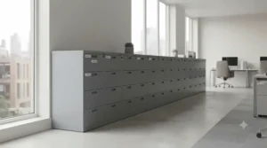 A contemporary white vertical filing cabinet styled in a bright, minimalist professional office interior, positioned next to a large window.