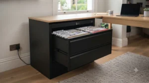 A wide lateral A4 filing cabinet holding side-by-side folders in a corporate workspace.