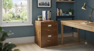 Traditional wooden 2-drawer filing cabinet with a high-quality oak finish, ideal for home studies.