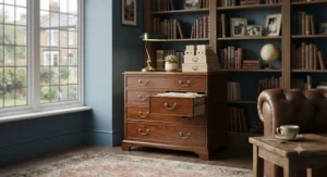A classic wooden filing cabinet that blends functionality with interior design for a traditional UK study.