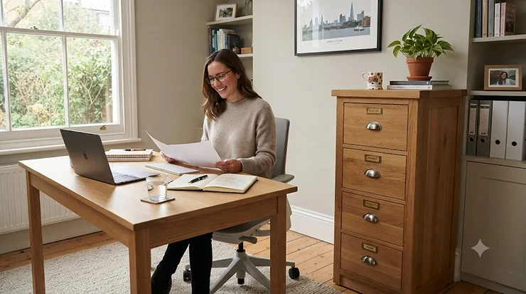 A professional woman sits smiling at a wooden desk in a home office, reviewing documents. Beside the desk is a tall, solid oak filing cabinet with cup handles and handwritten labels. Natural light streams in from a sash window, and a print of the London skyline is on the wall. wooden filing cabinet
