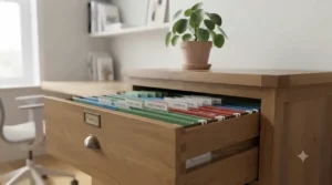 A close-up view of the top drawer of the solid oak filing cabinet from image_2.png, pulled open to reveal a lateral filing system. Green, red, and blue suspension files are neatly organised with clear plastic tabs. The rich oak wood grain and aged brass cup handle are sharply in focus, with the Pilea plant visible on the cabinet top.