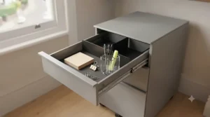 Oak veneer office pedestal drawers showing open stationery drawer and internal divider