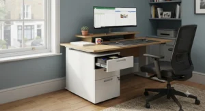 A white 3 drawer pedestal neatly tucked under an ergonomic office desk in a modern British home study