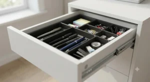 Open top drawer of a 3 drawer pedestal showing an integrated black plastic stationery tray and pen compartments