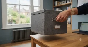 A4 documents and manila folders being sorted into a large-capacity filing storage box.