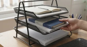 An open-front desk document tray loaded with standard A4 printer paper and file folders.