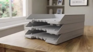 A stackable letter tray holding a full ream of standard A4 paper and assorted stationery folders.
