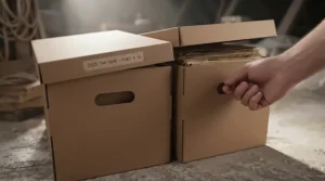Close-up of a secure lift-off lid and reinforced carry handles on a standard brown archive storage box.