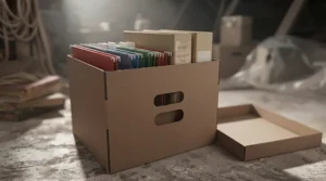 Cutaway illustration displaying lever arch files and suspension folders stored neatly inside an open archive box.