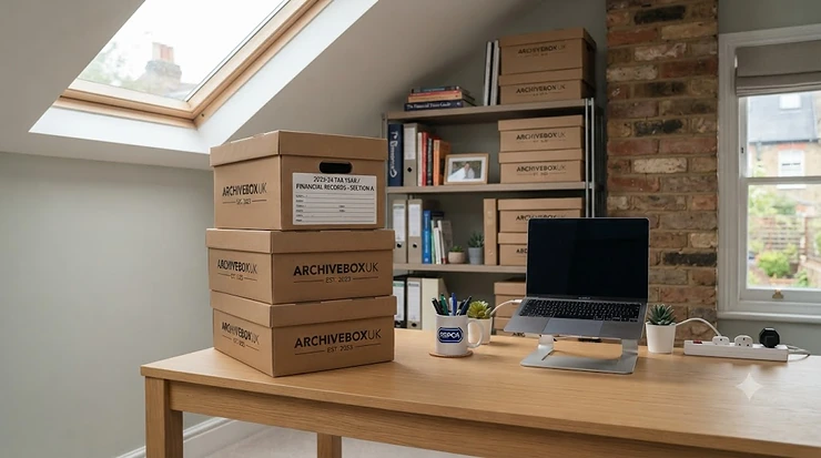 Heavy-duty archive storage box with a lid, stacked neatly in a UK home office for document organisation. archive storage box